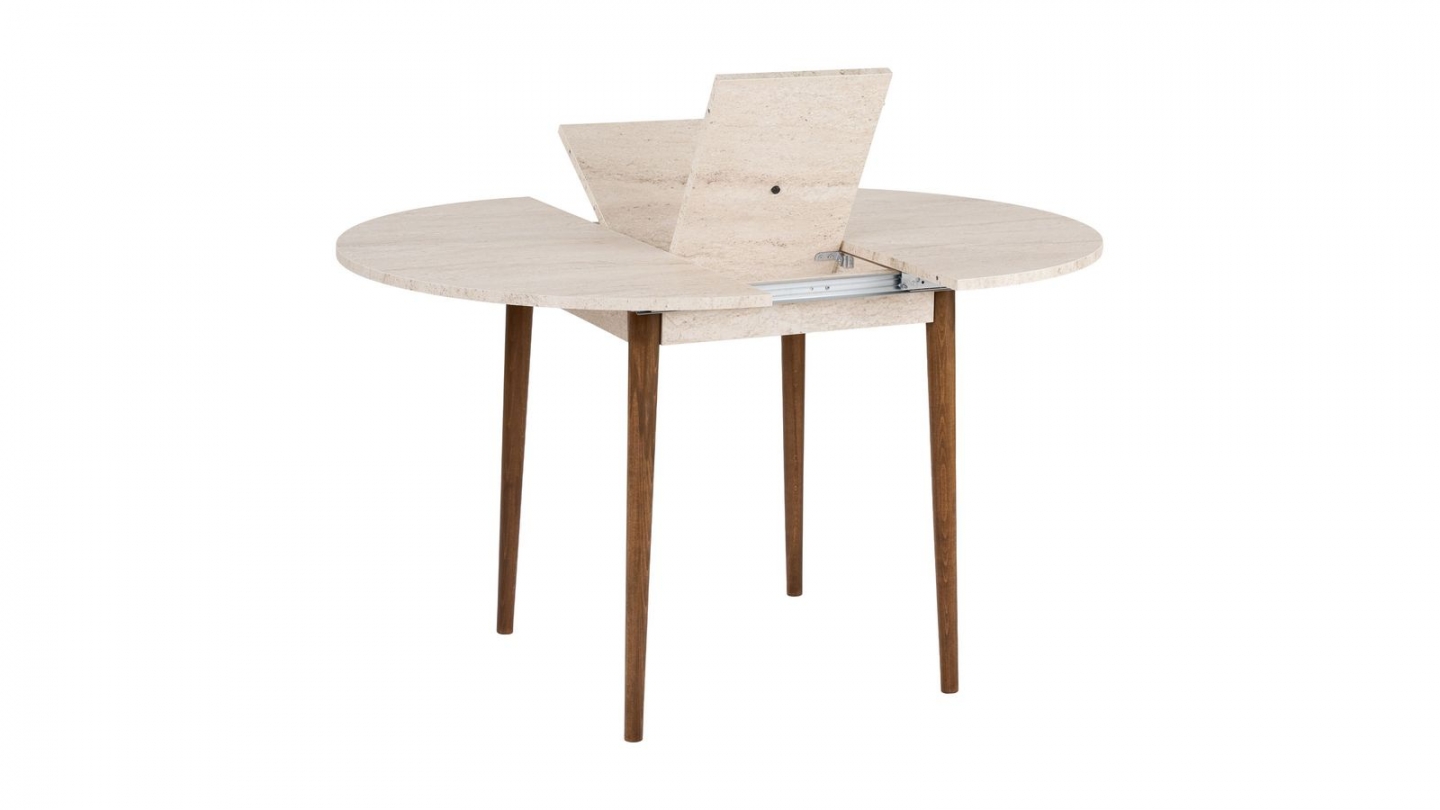 Table à manger extensible ronde effet travertin et noyer 4 convives 100/131 cm - Marea Table à manger extensible ronde effet travertin et noyer 4 convives 100/131 cm - Marea