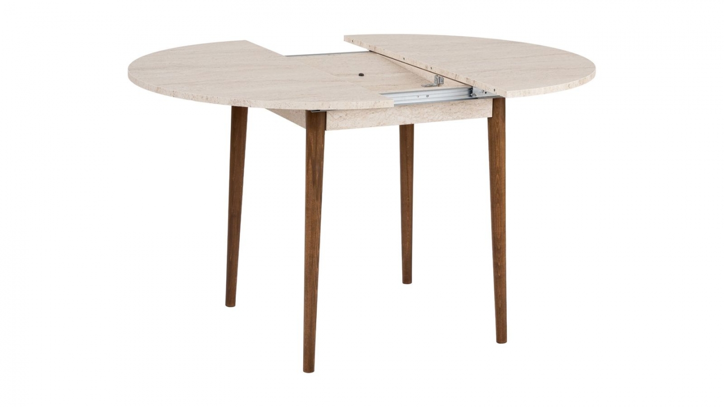 Table à manger extensible ronde effet travertin et noyer 4 convives 100/131 cm - Marea Table à manger extensible ronde effet travertin et noyer 4 convives 100/131 cm - Marea