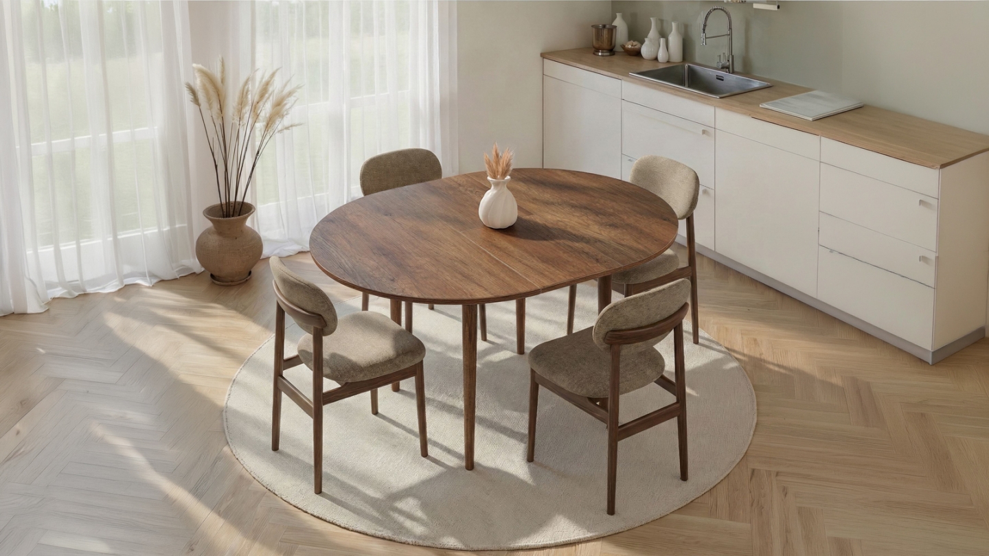 Table à manger extensible ronde effet noyer foncé 4 convives 100/131 cm - Marea Table à manger extensible ronde effet noyer foncé 4 convives 100/131 cm - Marea