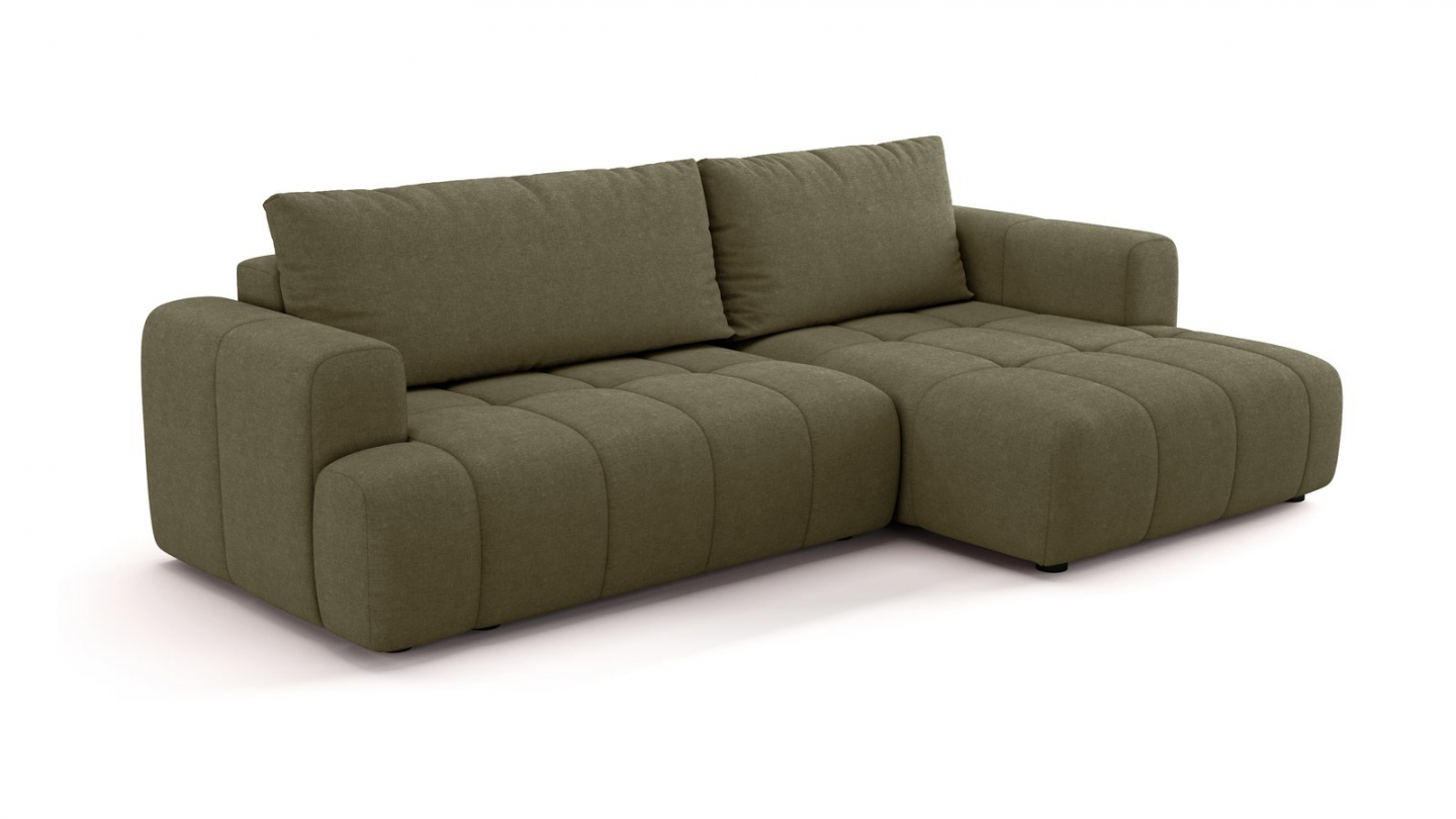 Canapé d'angle à droite convertible 4 places en tissu chenille vert olive - ouverture rapide - Karl Canapé d'angle à droite convertible 4 places en tissu chenille vert olive - ouverture rapide - Karl