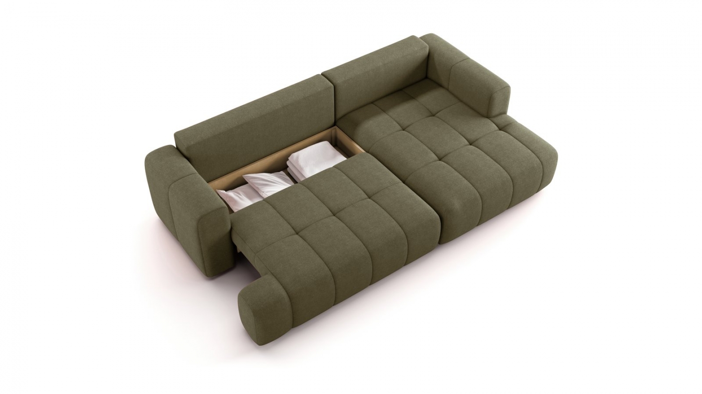 Canapé d'angle à droite convertible 4 places en tissu chenille vert olive - ouverture rapide - Karl Canapé d'angle à droite convertible 4 places en tissu chenille vert olive - ouverture rapide - Karl