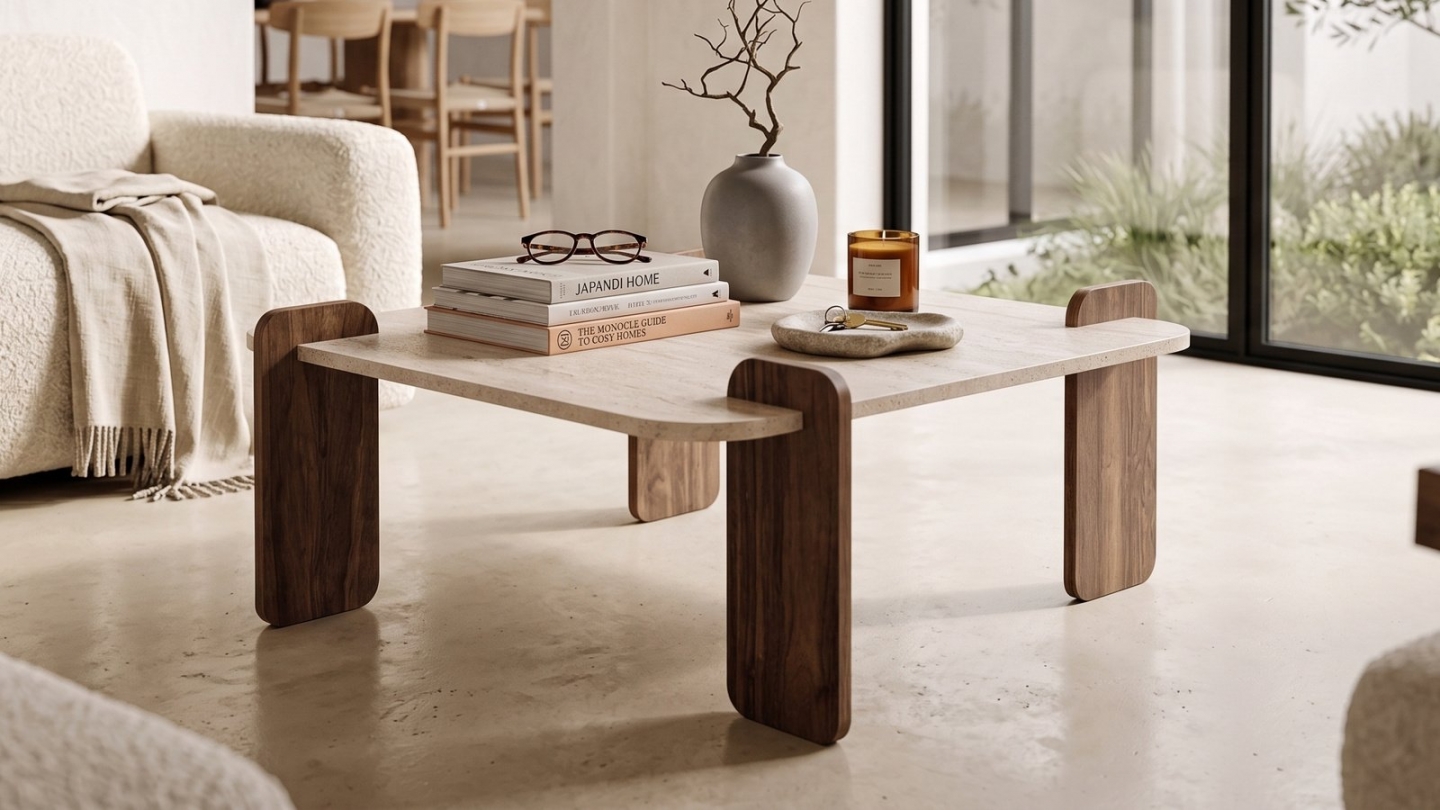 Table basse carrée effet travertin et noyer 117 cm - Joria Table basse carrée effet travertin et noyer 117 cm - Joria