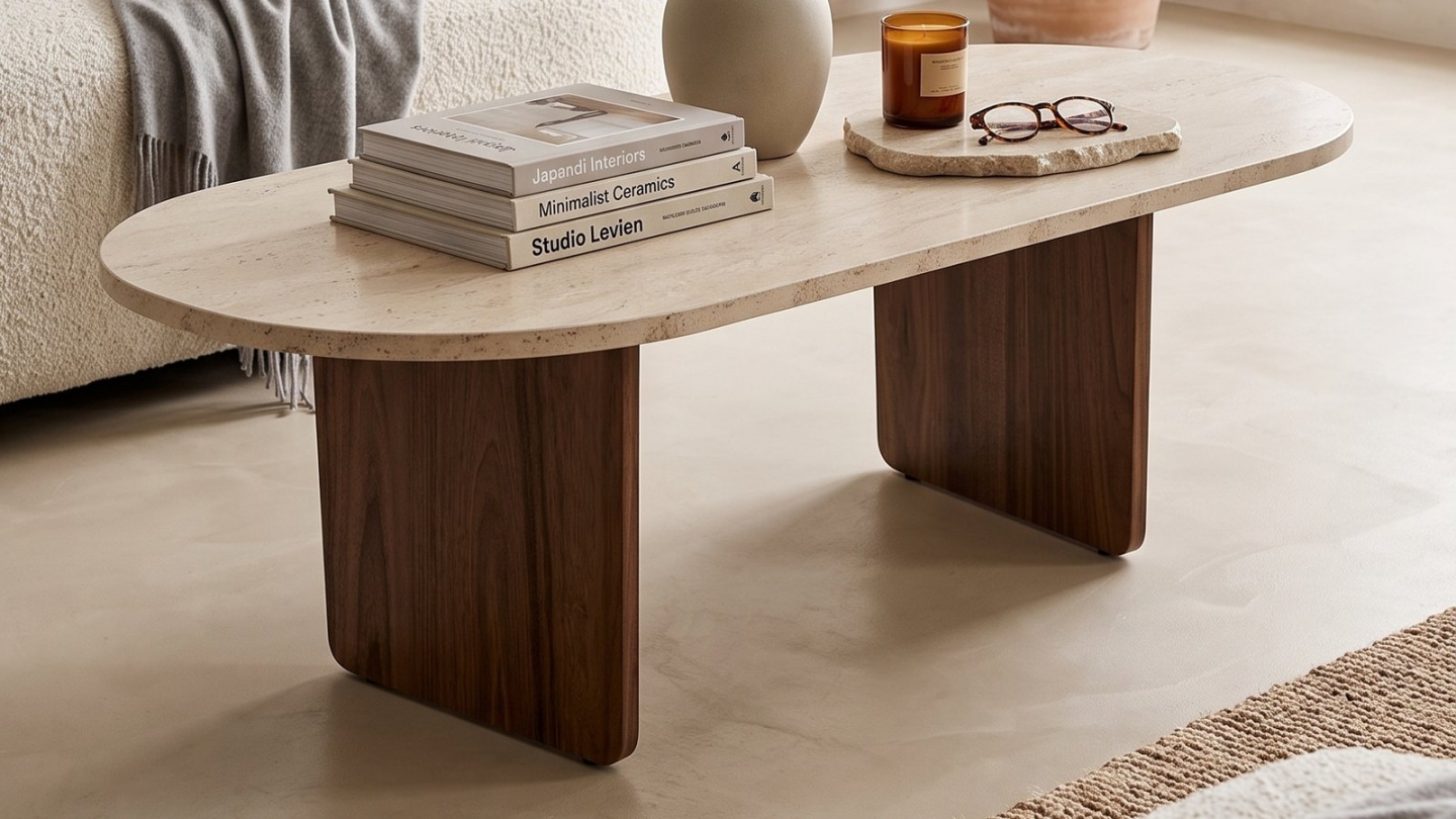 Table basse effet travertin et noyer 130 cm - Ceane Table basse effet travertin et noyer 130 cm - Ceane