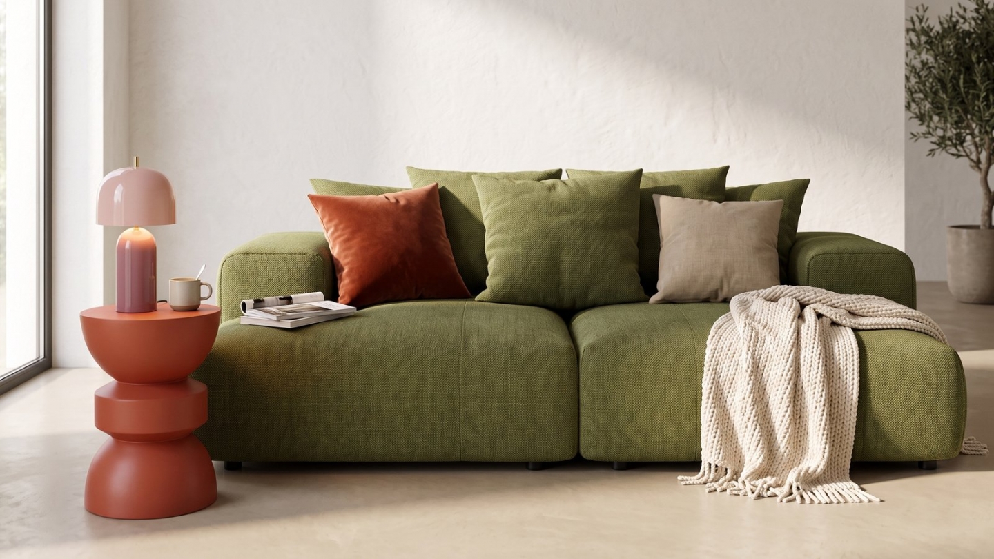 Canapé droit 3 places assise profonde en tissu chenille vert olive - Belvia Canapé droit 3 places assise profonde en tissu chenille vert olive - Belvia