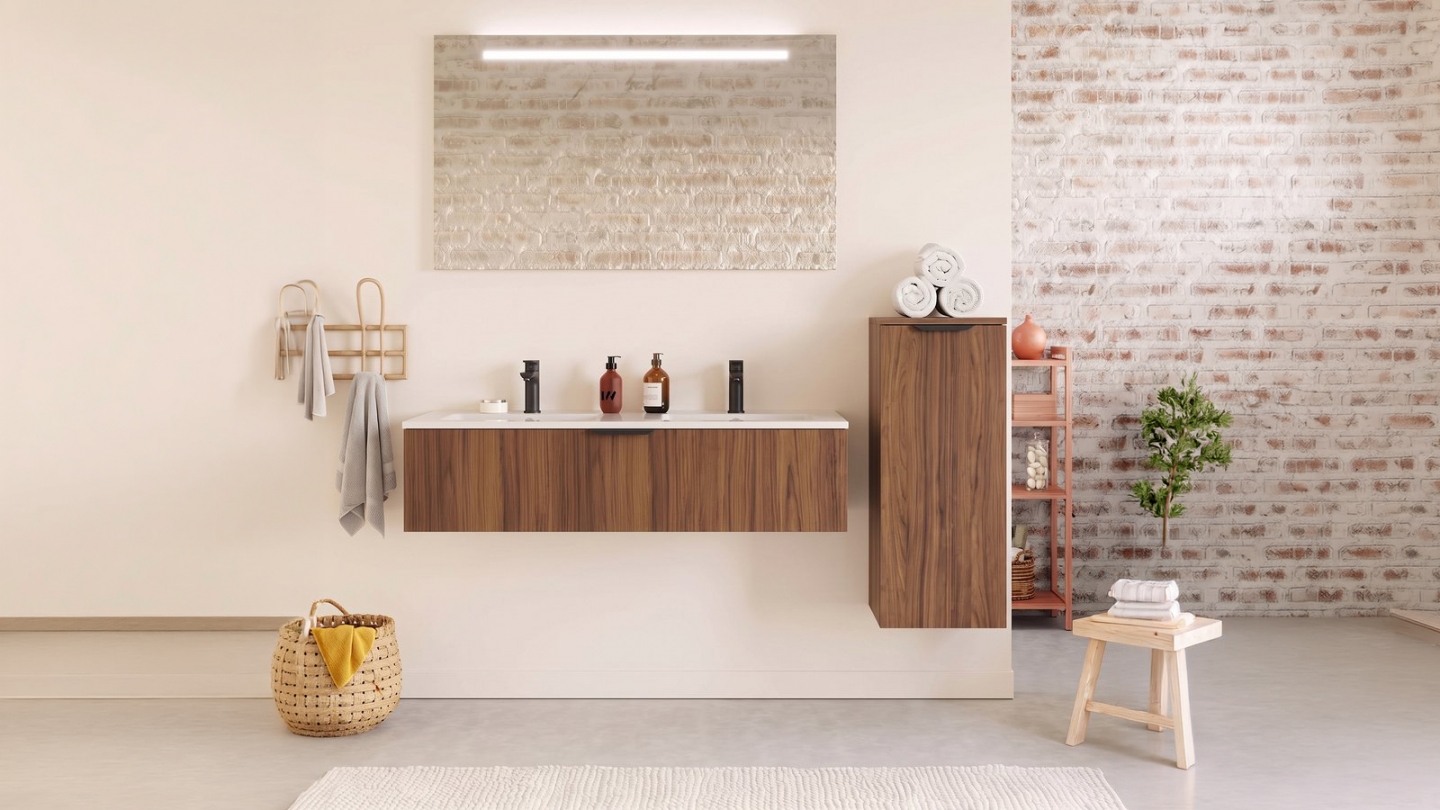 Meuble de salle de bain suspendu double vasque intégrée 120cm 1 tiroir Noyer - Venice Meuble de salle de bain suspendu double vasque intégrée 120cm 1 tiroir Noyer - Venice