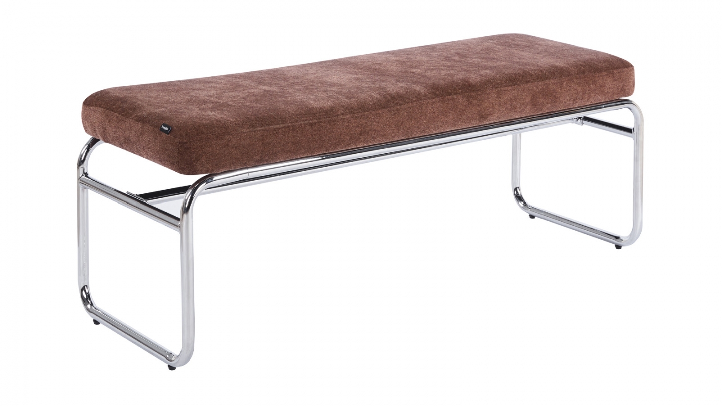 Banc en tissu chenille marron et métal chromé 130 cm - Garett Banc en tissu chenille marron et métal chromé 130 cm - Garett