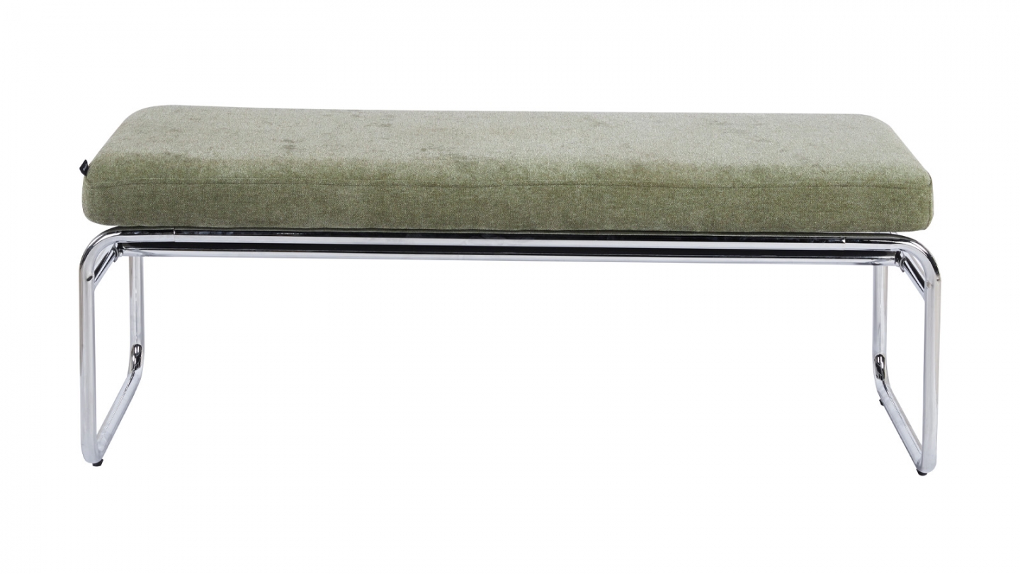 Banc en tissu chenille vert olive et métal chromé 130 cm - Garett Banc en tissu chenille vert olive et métal chromé 130 cm - Garett