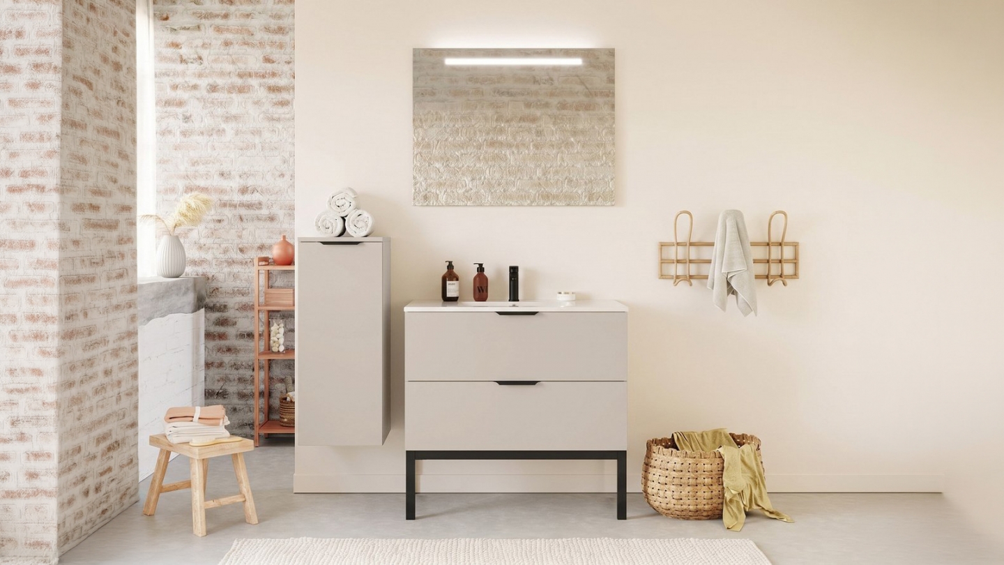 Meuble de salle de bain suspendu vasque intégrée 90cm 2 tiroirs Beige - Venice Meuble de salle de bain suspendu vasque intégrée 90cm 2 tiroirs Beige - Venice
