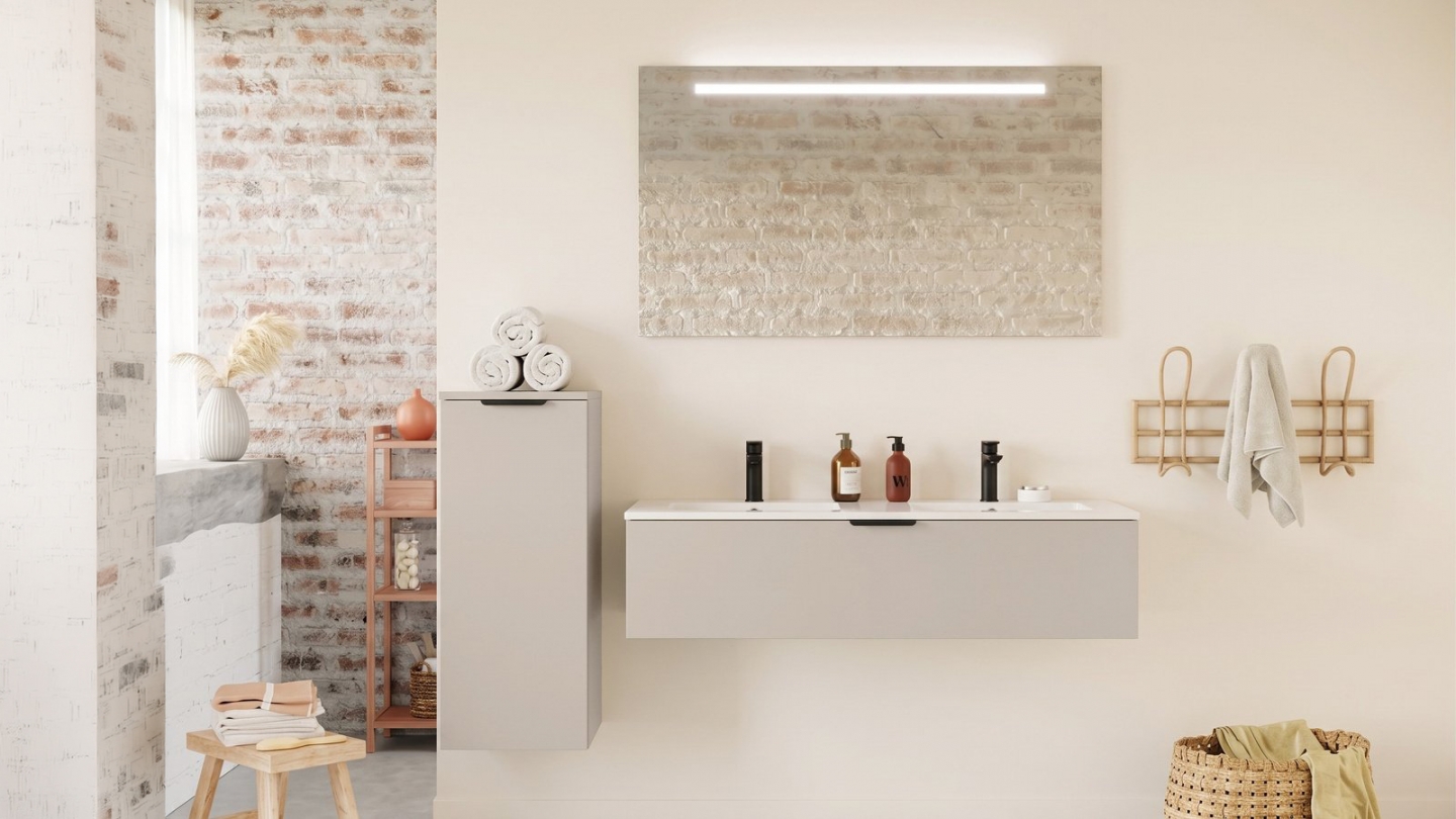Meuble de salle de bain suspendu double vasque intégrée 120cm 1 tiroir Beige - Venice Meuble de salle de bain suspendu double vasque intégrée 120cm 1 tiroir Beige - Venice