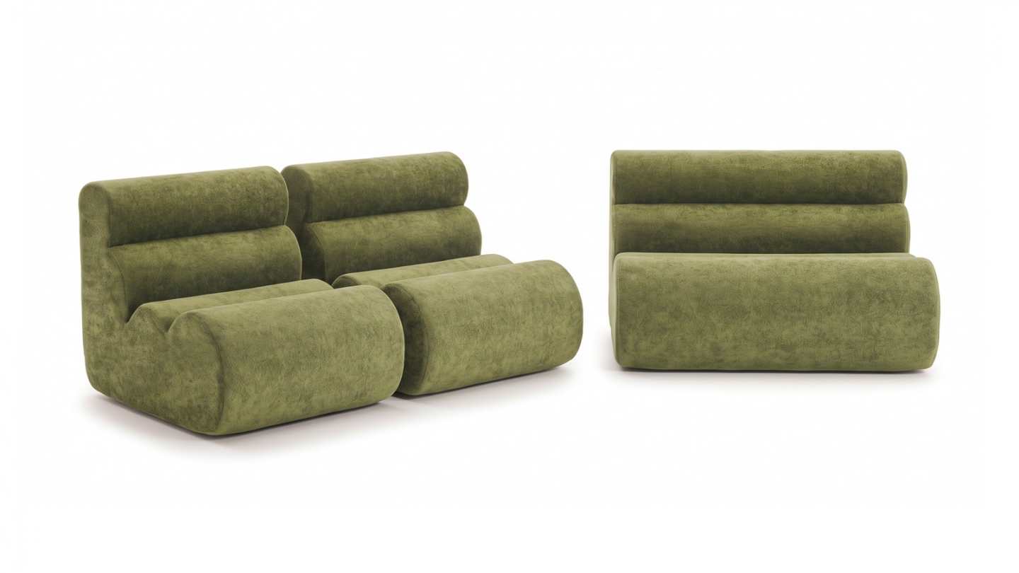 Ensemble chauffeuses + banquette modulables 4 places en tissu chenille vert kaki - Billie Ensemble chauffeuses + banquette modulables 4 places en tissu chenille vert kaki - Billie