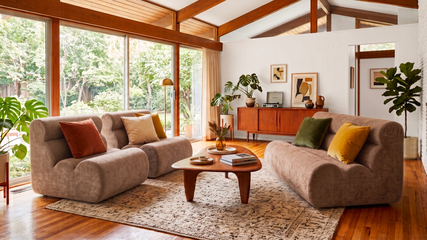 Ensemble chauffeuses + banquette modulables 4 places en tissu chenille moka - Billie Ensemble chauffeuses + banquette modulables 4 places en tissu chenille moka - Billie