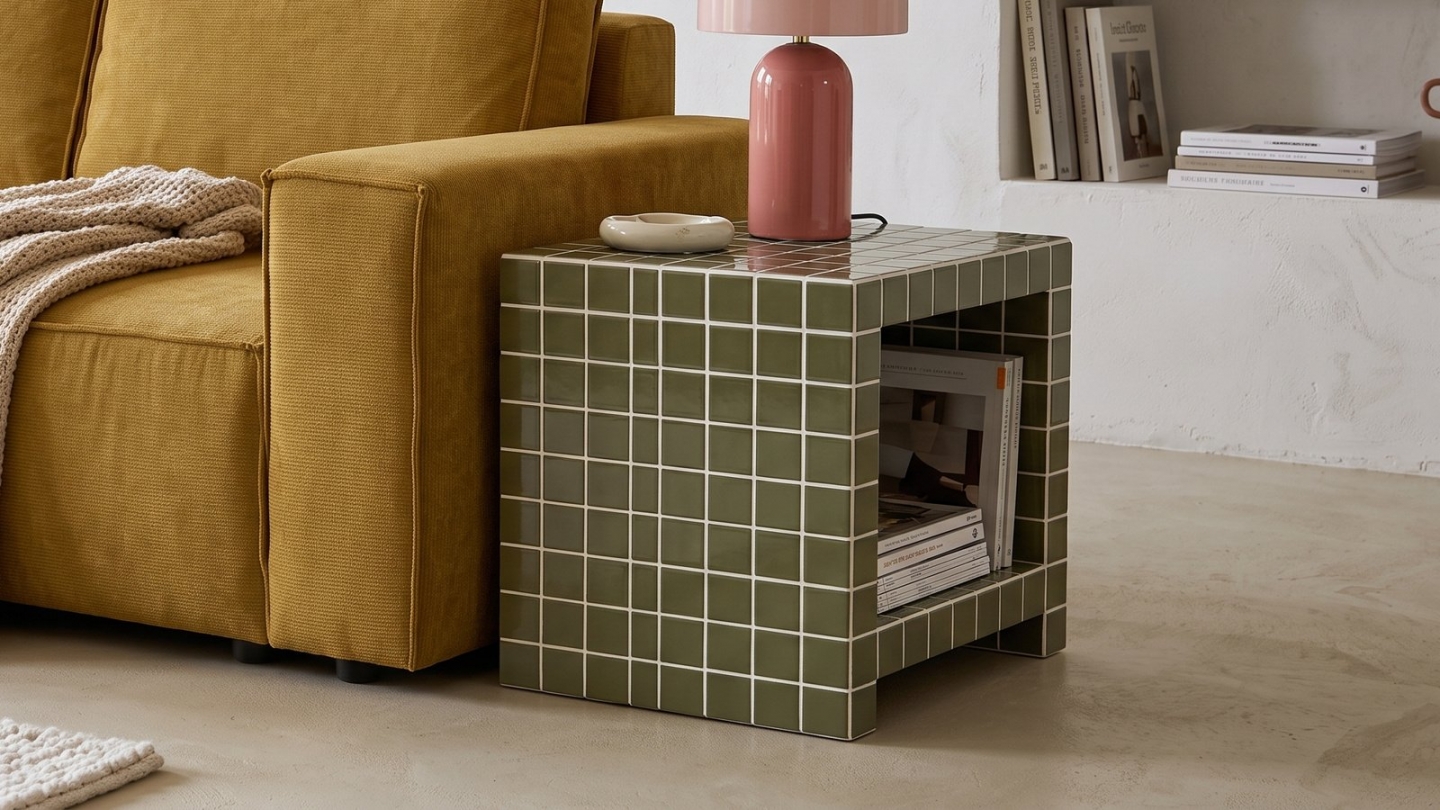 Bout de canapé cubique avec niche effet mosaïque vert olive 40 cm - Ibiza Bout de canapé cubique avec niche effet mosaïque vert olive 40 cm - Ibiza