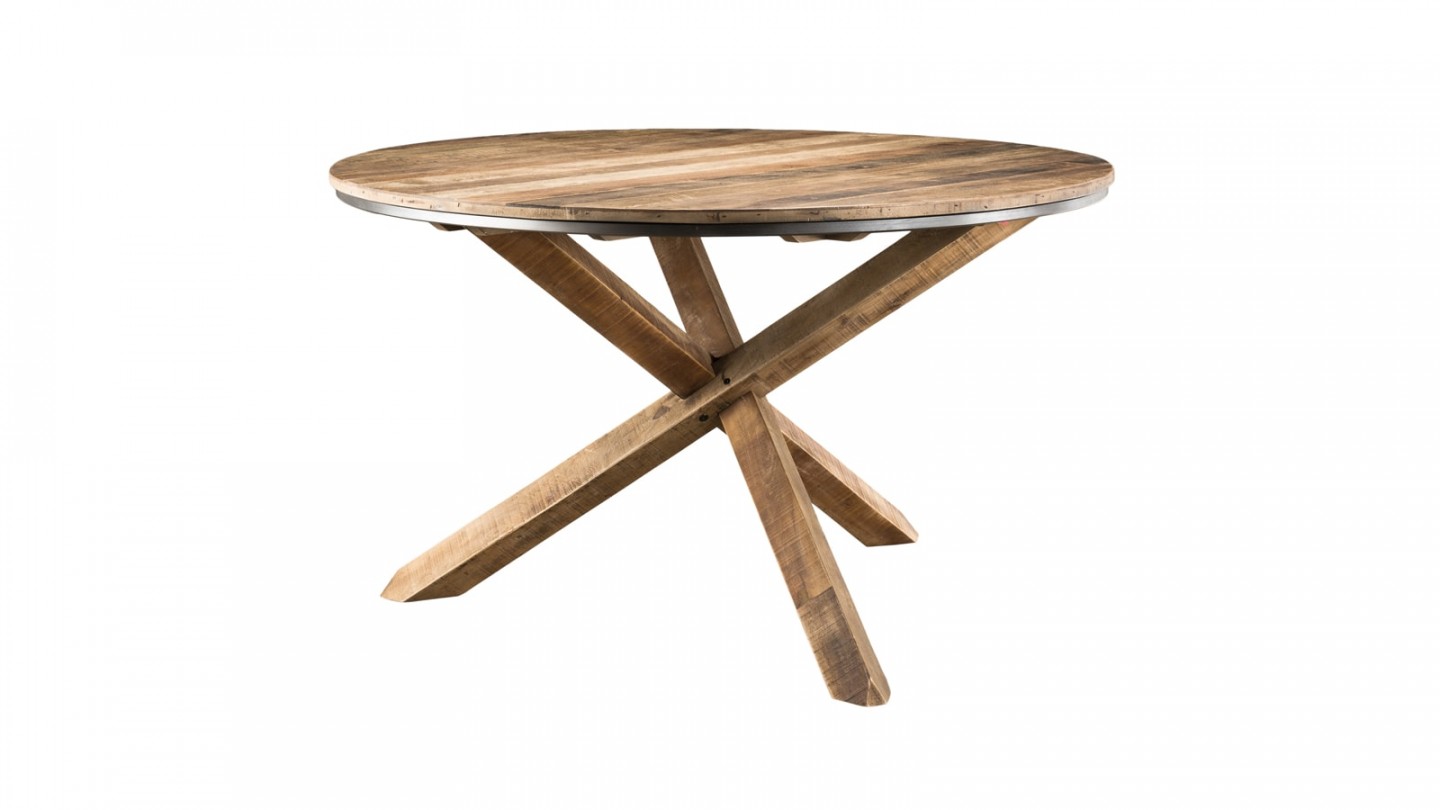 Table à manger ronde piètement croisé en teck recyclé et acacia - Collection Sixtine