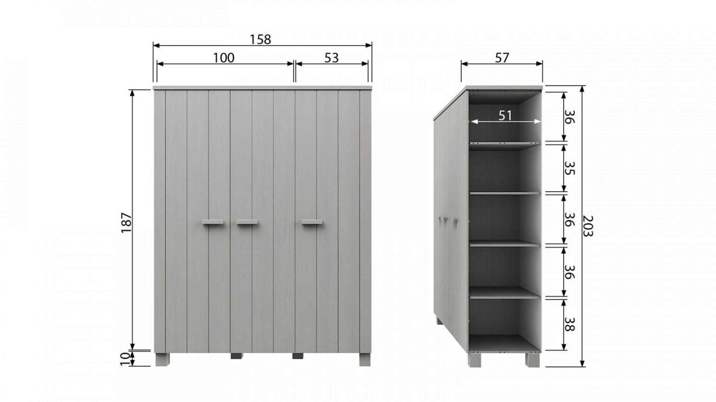 Armoire 3 portes en pin massif gris béton - Collection Dennis - Woood