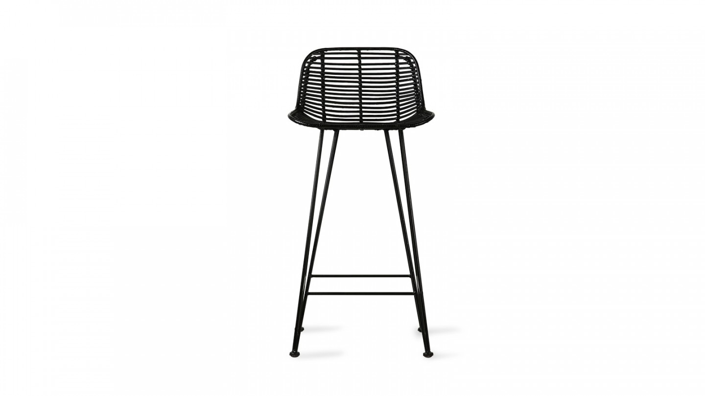 Tabouret de bar en rotin noir piètement métal noir - HK Living