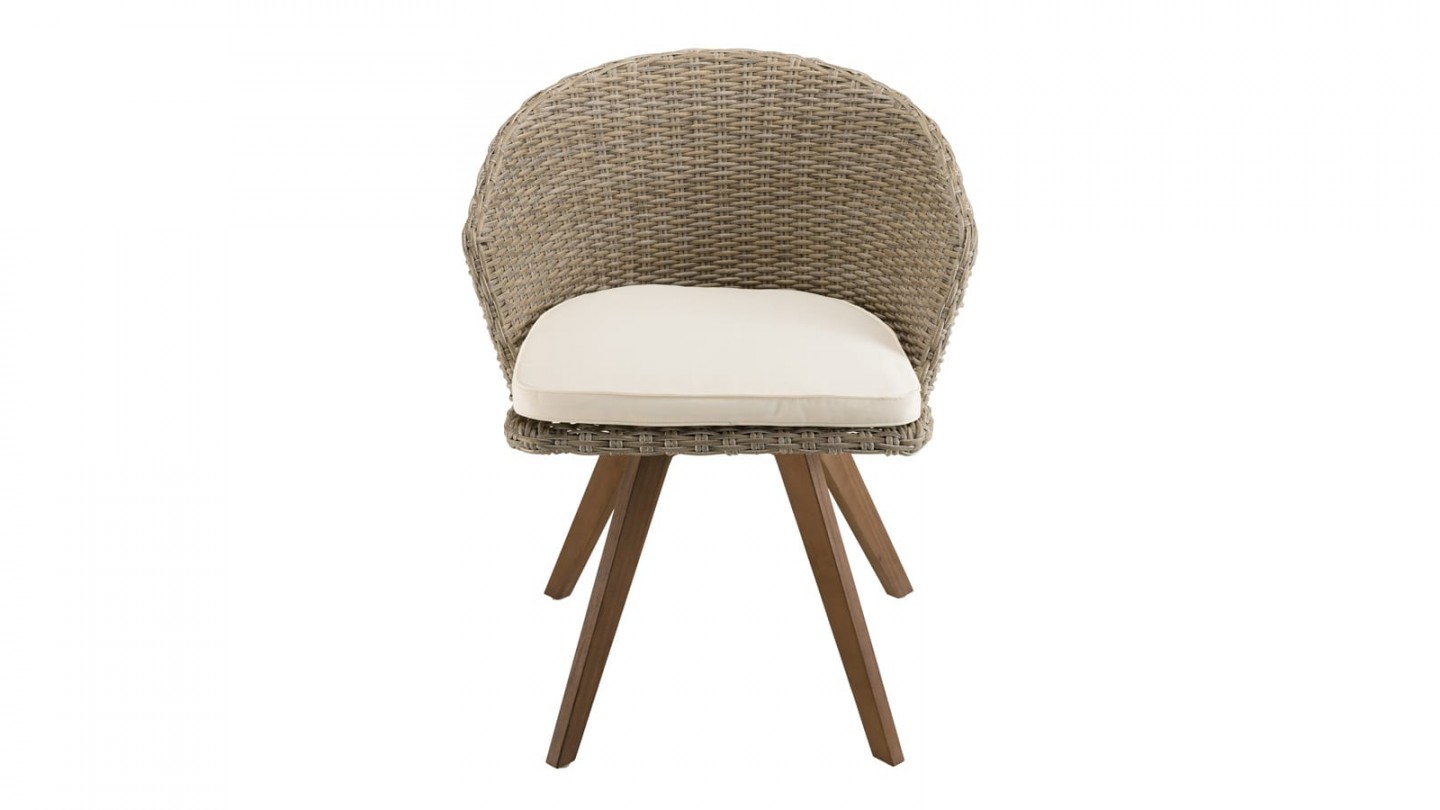 Fauteuil de jardin en rotin synthétique avec coussin écru piètement en acacia - Collection Vick