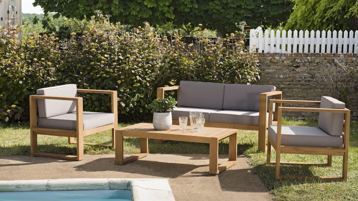 Salon de jardin 4 places en teck avec coussins taupe - Collection Ibiza