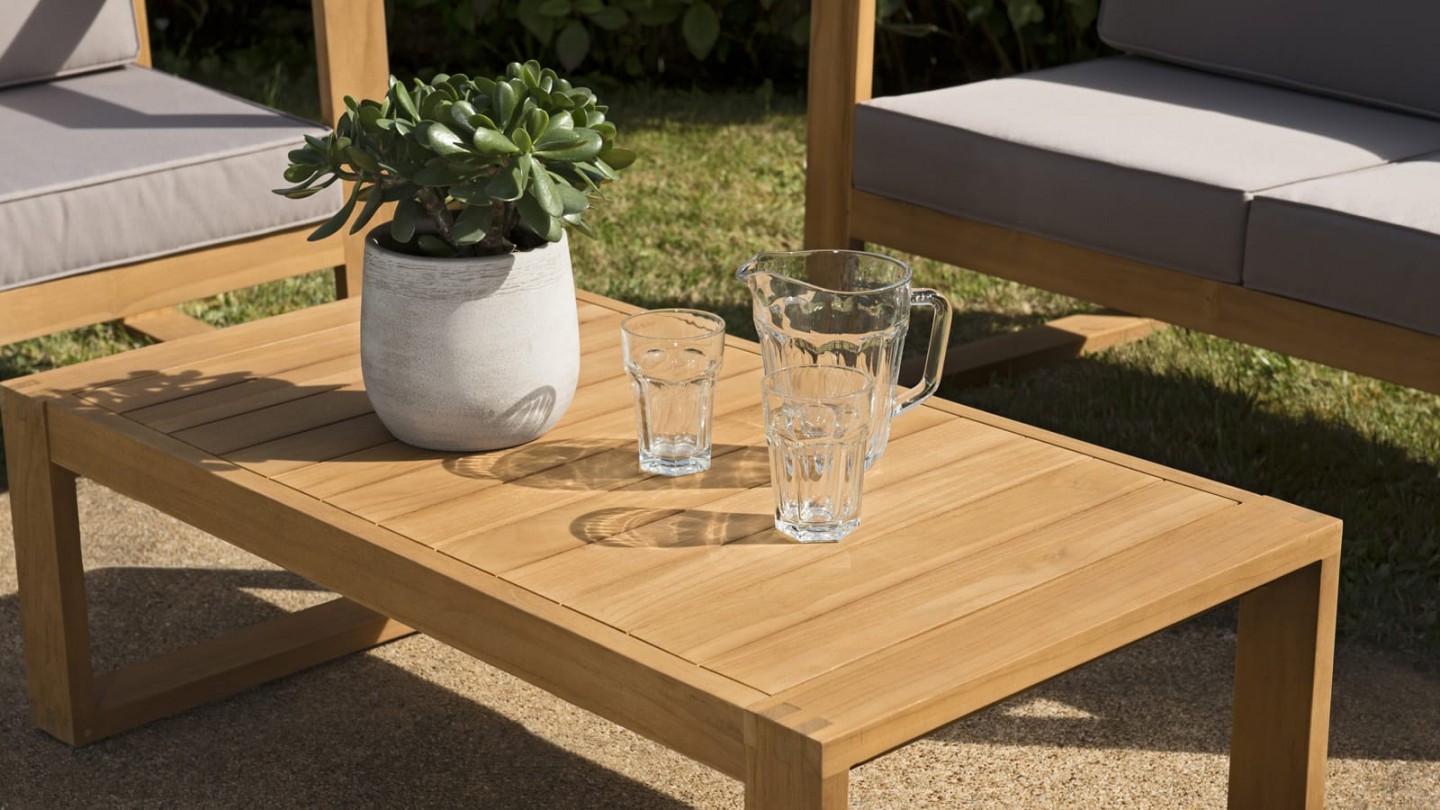 Salon de jardin 4 places en teck avec coussins taupe - Collection Ibiza