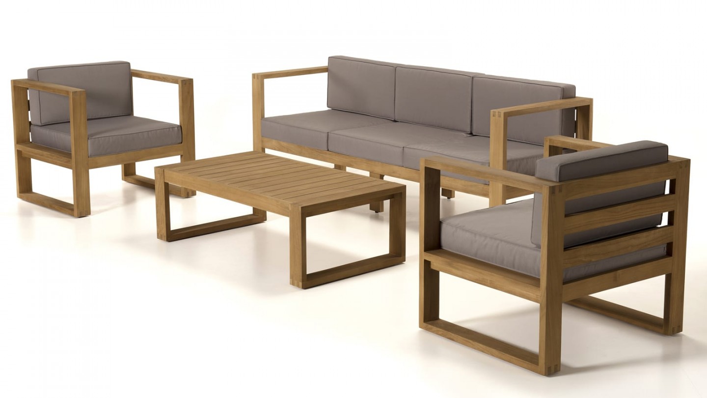 Salon de jardin 5 places en teck avec coussins taupe - Collection Majorque