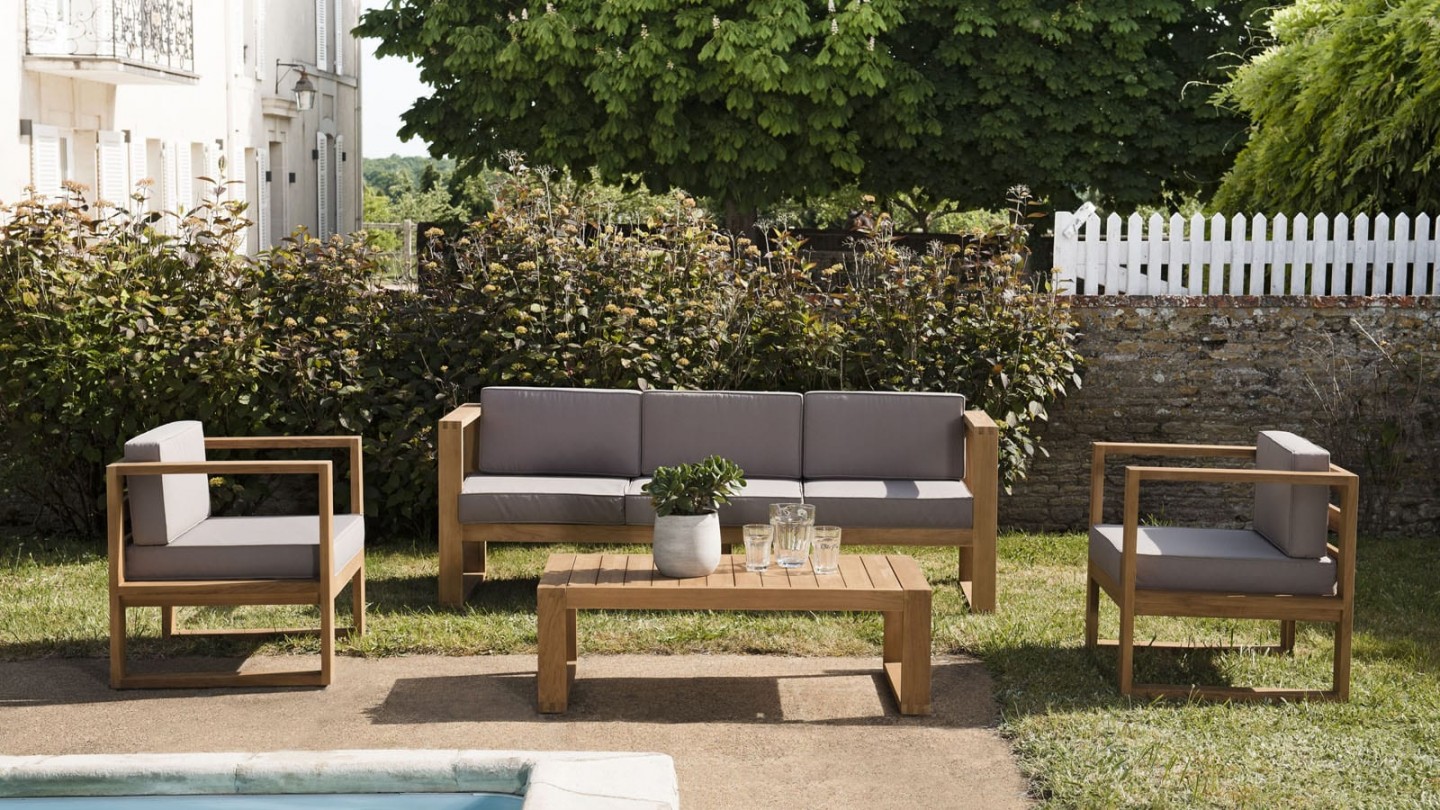 Salon de jardin 5 places en teck avec coussins taupe - Collection Majorque