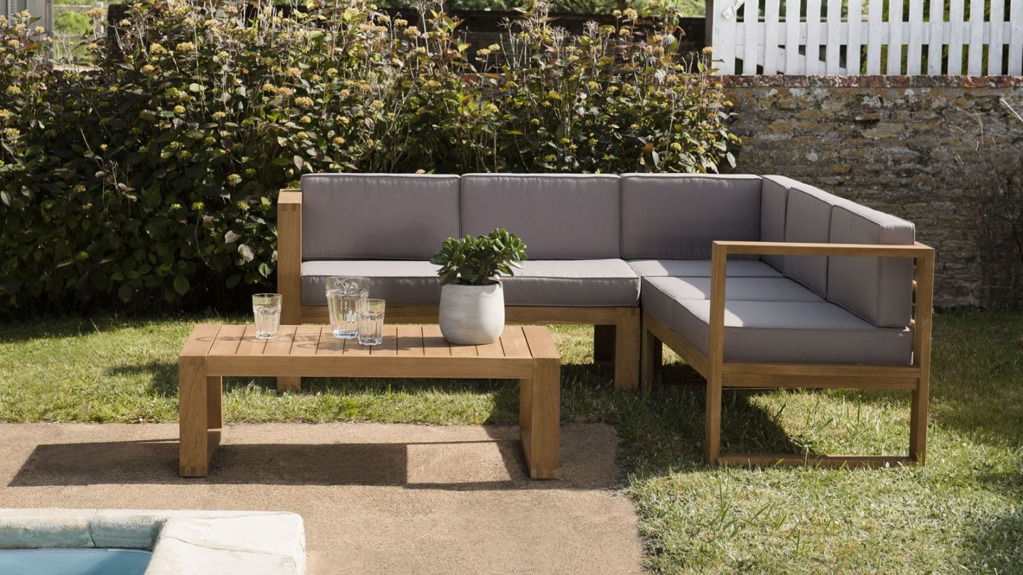 Salon de jardin 5 places en teck avec coussins taupe - Collection Minorque