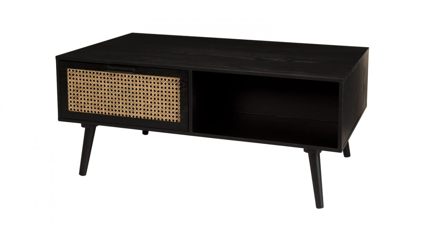 Table basse 2 tiroirs 2 niche en bois noir et rotin - Collection Rodrigo