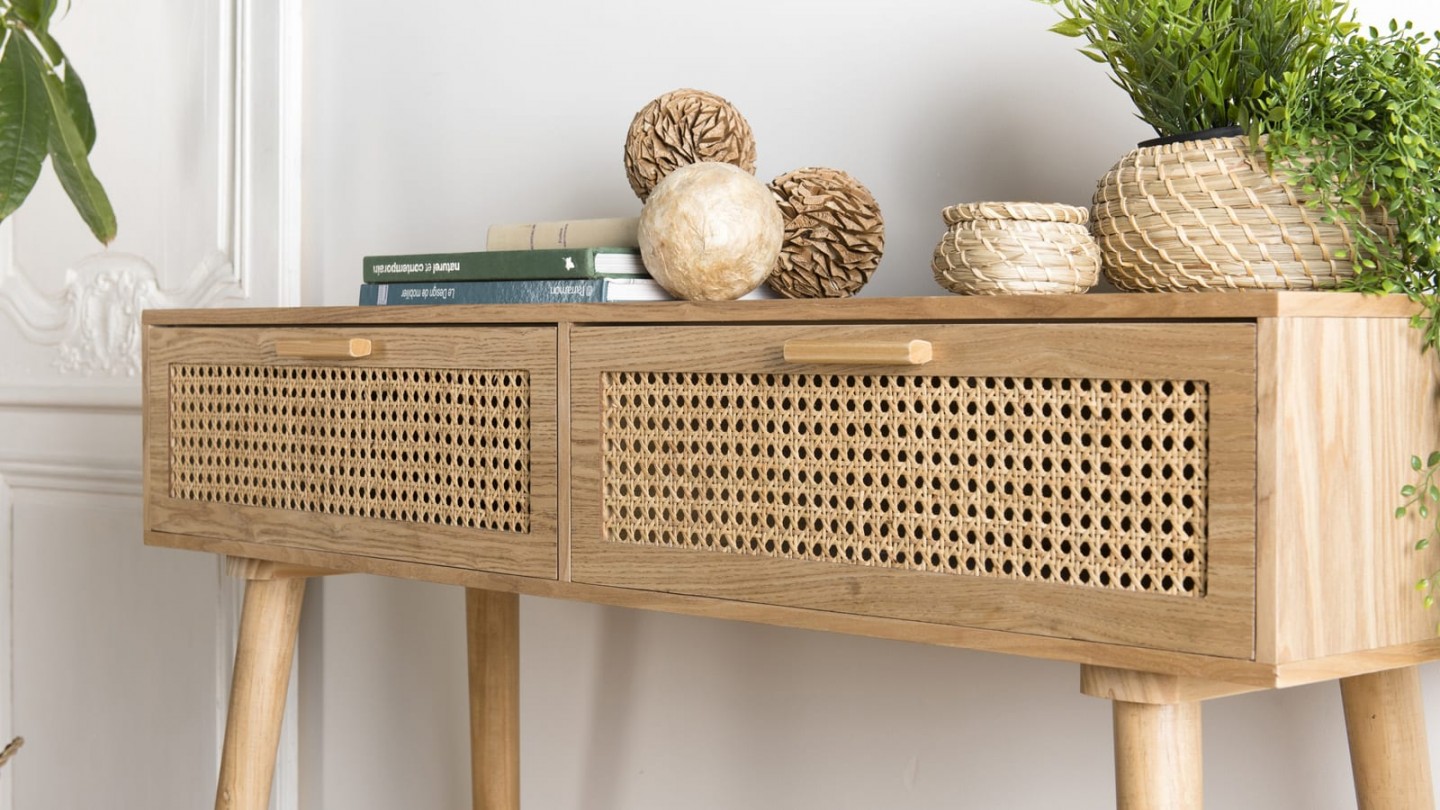 Console 2 tiroirs en bois naturel et rotin - Collection Rodrigo