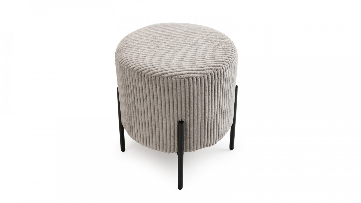 Tabouret rond en velours côtelé gris perle piètement métal - Collection Agathe