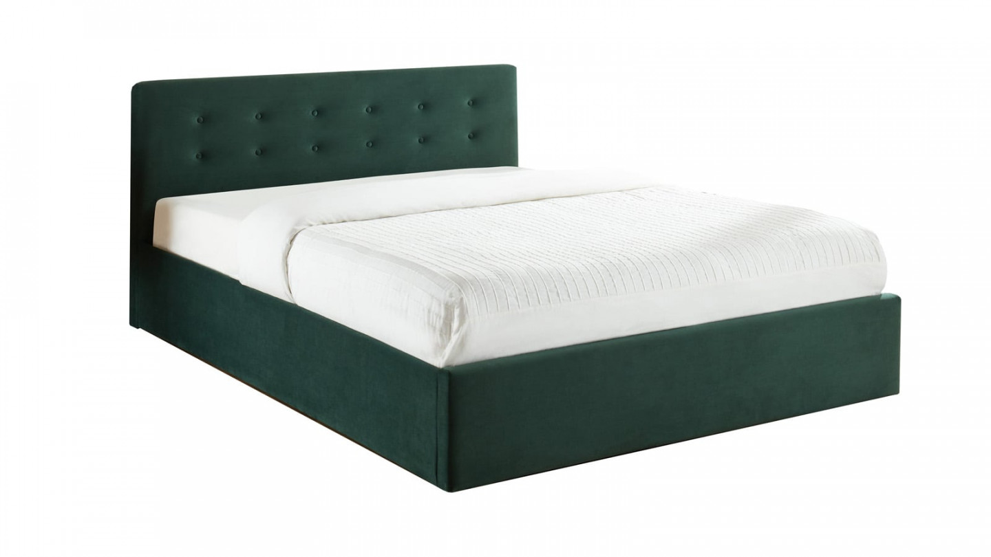 Lit coffre 160x200 en velours vert avec tête de lit et sommier à lattes - Collection Tina