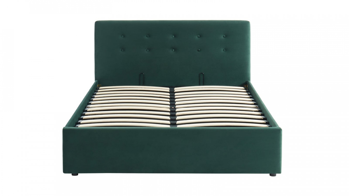 Lit coffre 140x190 en velours vert avec tête de lit et sommier à lattes - Collection Tina