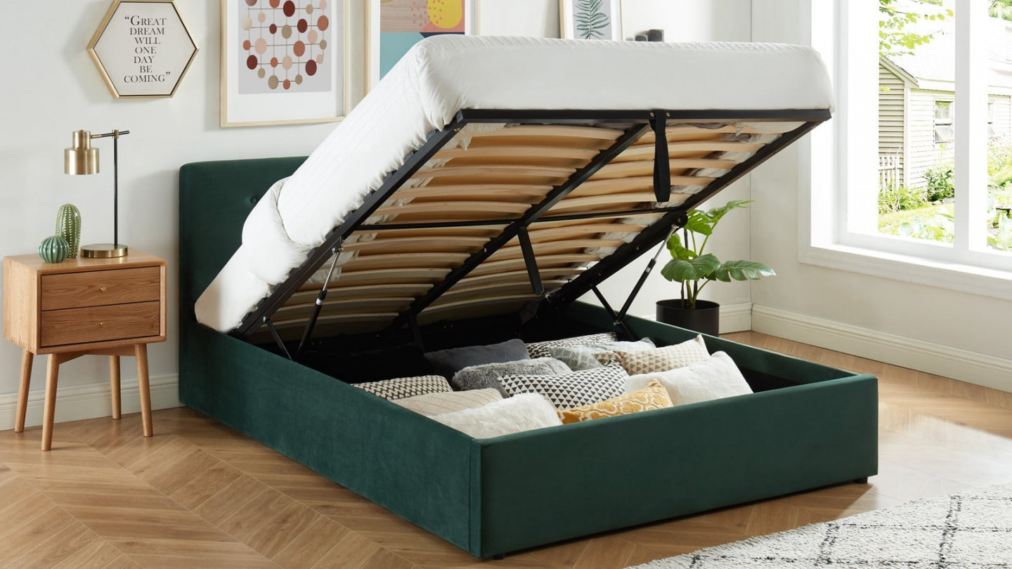 Lit coffre 140x190 en velours vert avec tête de lit et sommier à lattes - Collection Tina