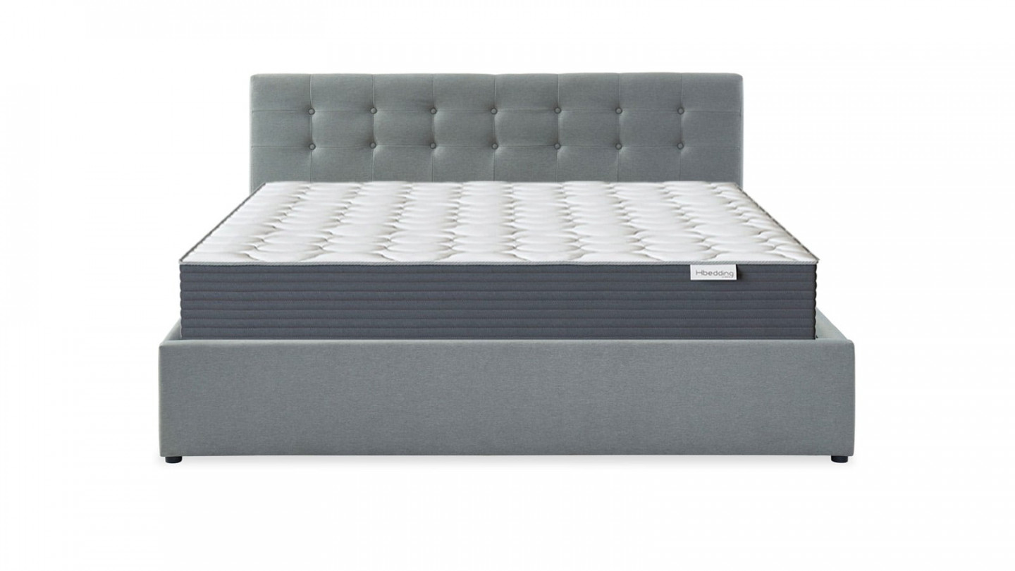 Ensemble lit coffre 180x200 en tissu gris clair + matelas Memo HR avec tête de lit et sommier à lattes - Collection Tina