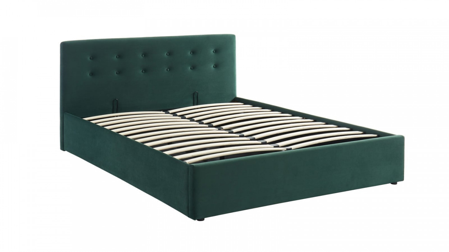 Ensemble lit coffre 160x200 en velours vert + matelas Memo HR avec tête de lit et sommier à lattes - Collection Tina