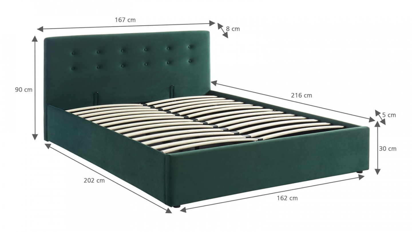 Ensemble lit coffre 160x200 en velours vert + matelas Memo HR avec tête de lit et sommier à lattes - Collection Tina