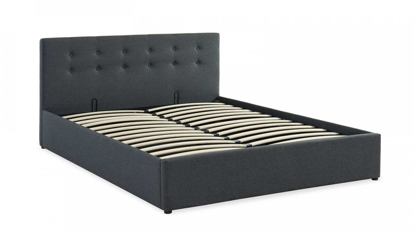 Ensemble lit coffre 160x200 en tissu gris anthracite + matelas Memo HR avec tête de lit et sommier à lattes - Collection Tina