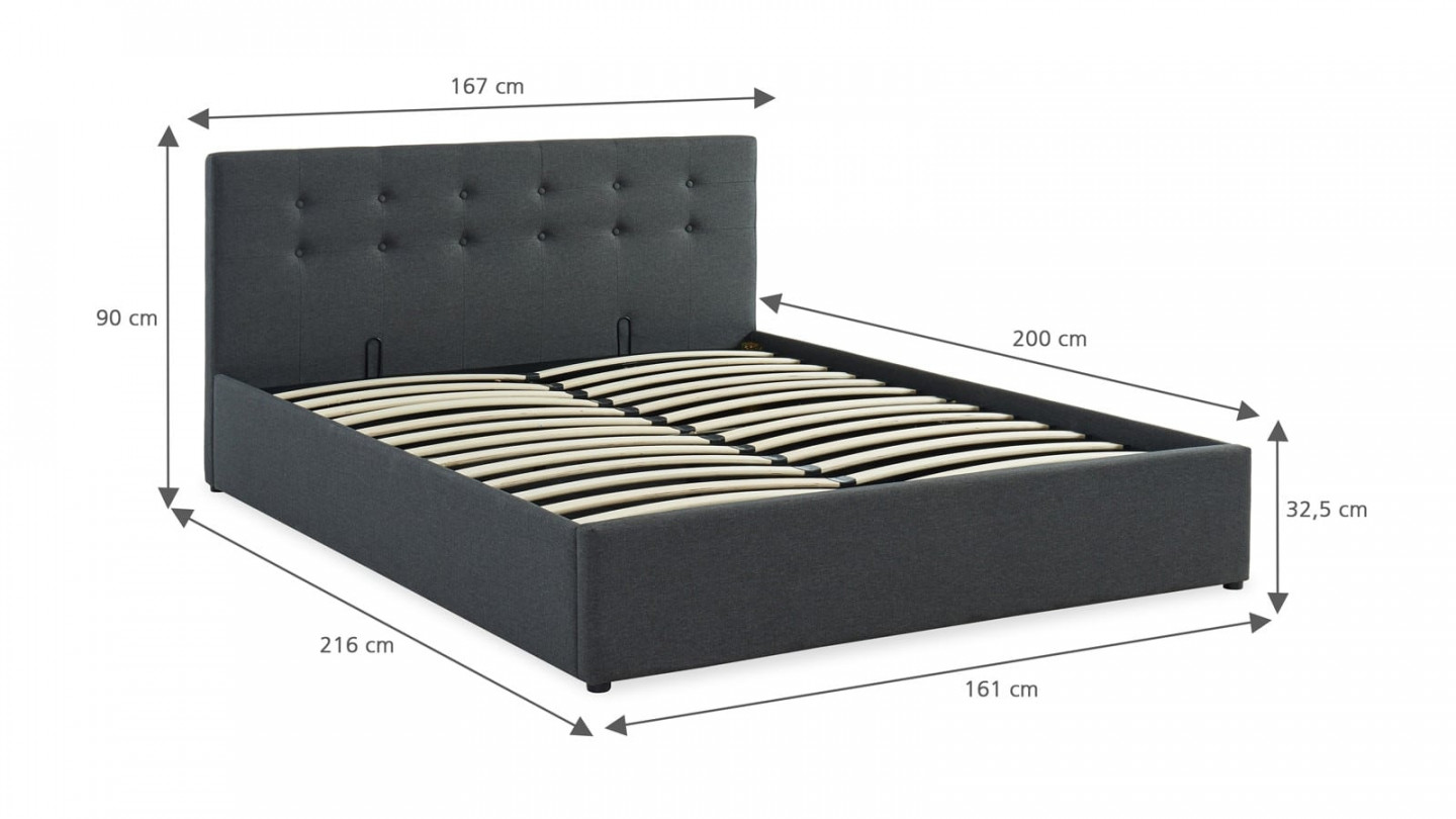 Ensemble lit coffre 160x200 en tissu gris anthracite + matelas Memo HR avec tête de lit et sommier à lattes - Collection Tina