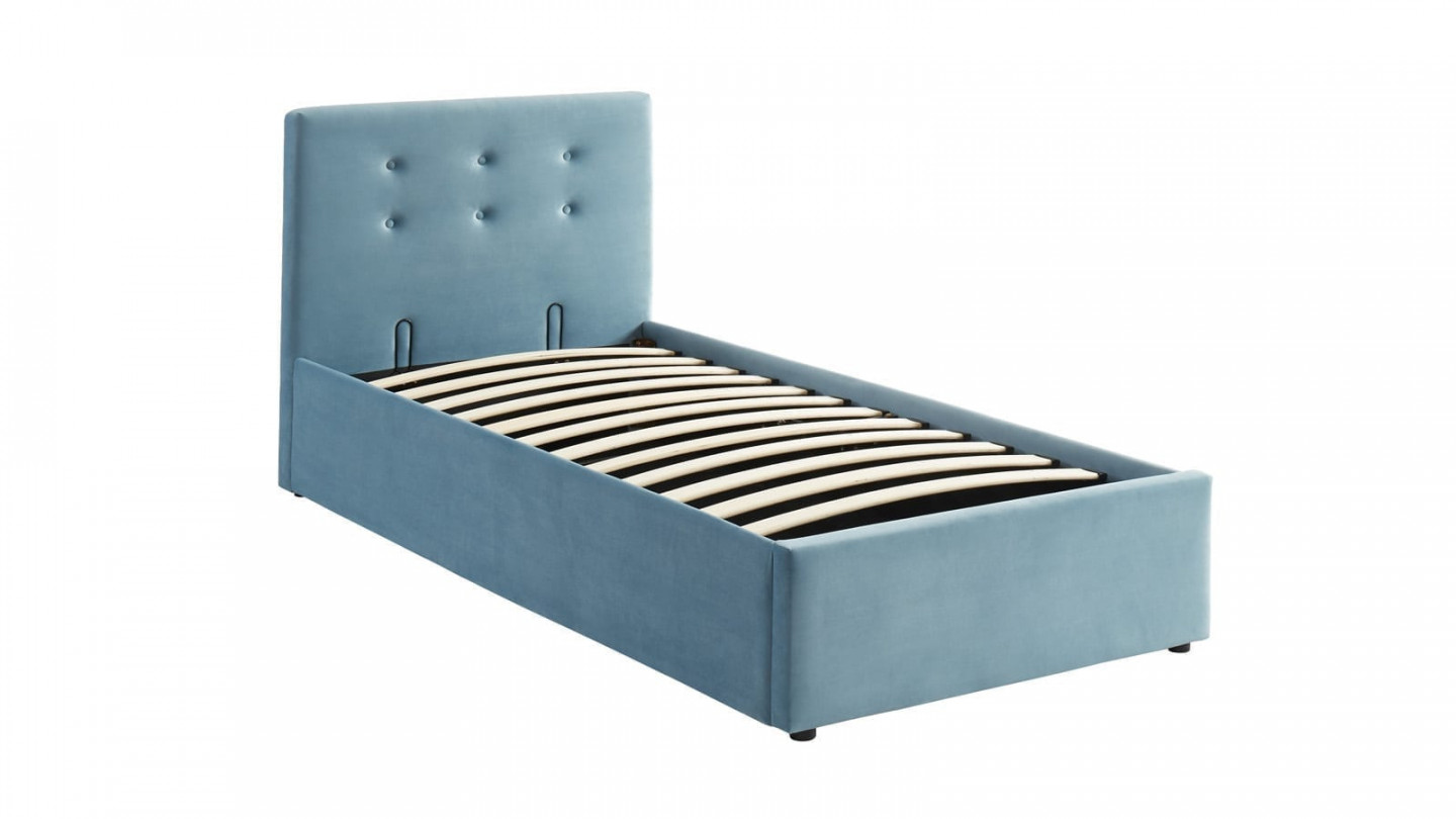 Ensemble lit coffre enfant 90x190 en velours bleu + matelas Memo HR avec tête de lit, sommier à lattes - Collection Tina