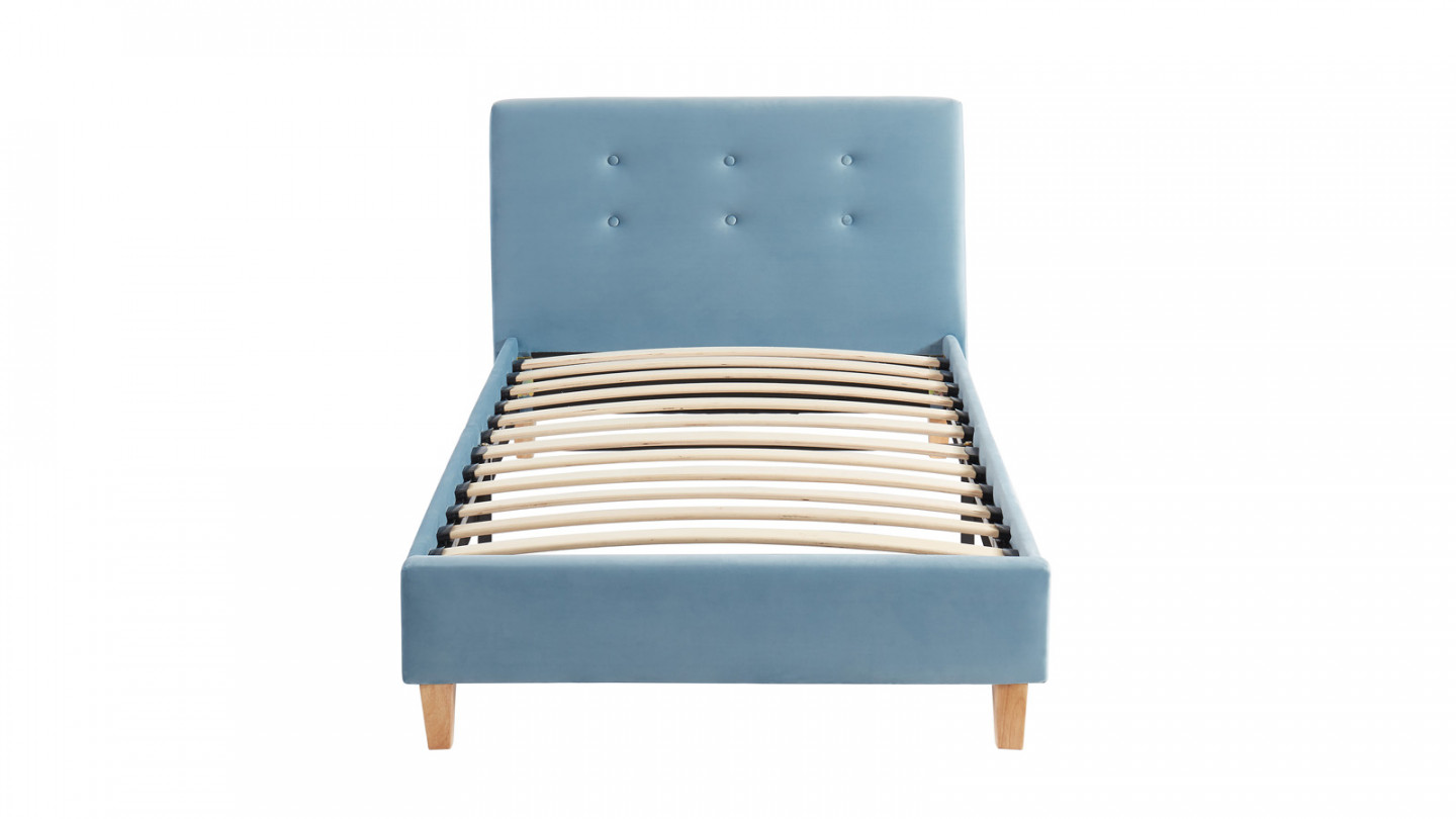 Ensemble lit enfant + matelas Memo HR avec tête de lit capitonnée en velours bleu - sommier à lattes 90x190cm - Collection Milo