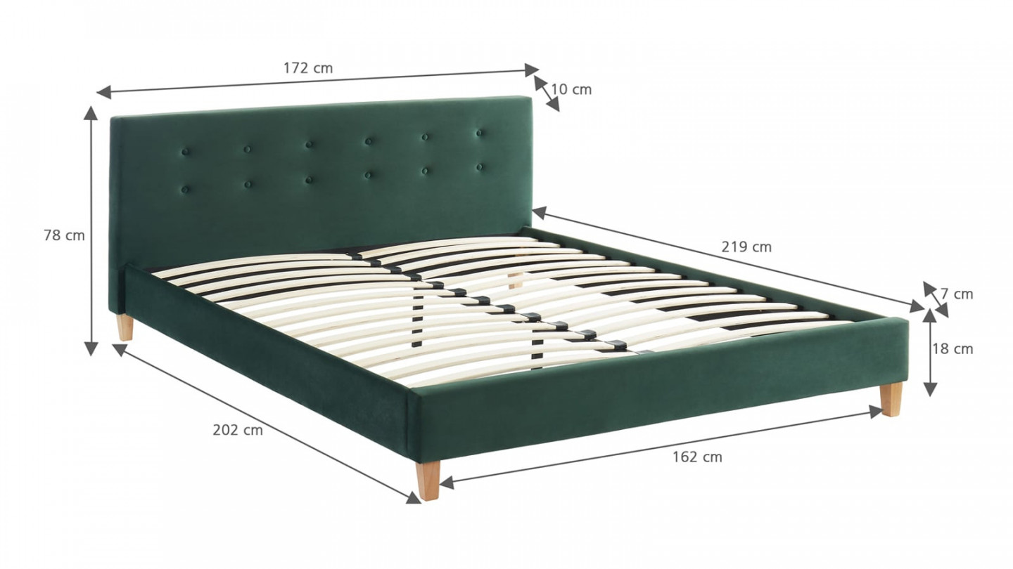 Ensemble lit + matelas Memo HR avec tête de lit en velours vert bouteille - sommier à lattes 160x200cm - Collection Milo