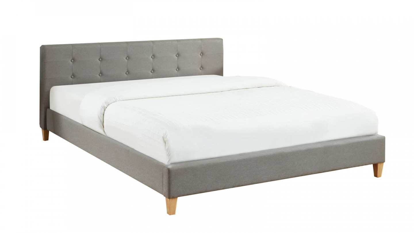 Ensemble lit 160x200cm + matelas Memo HR avec tête de lit capitonnée en tissu gris clair - sommier à lattes - Collection Milo