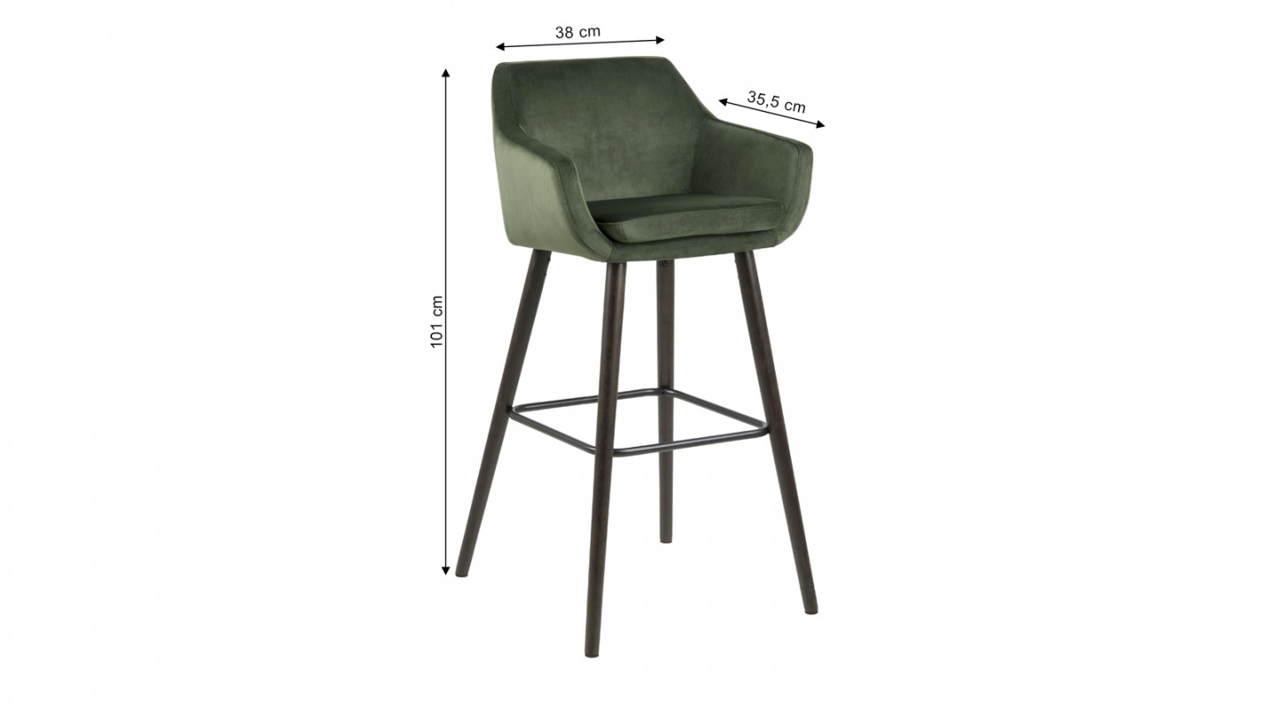 Lot de 2 fauteuils de bar en velours vert et piètement en chêne - Nora