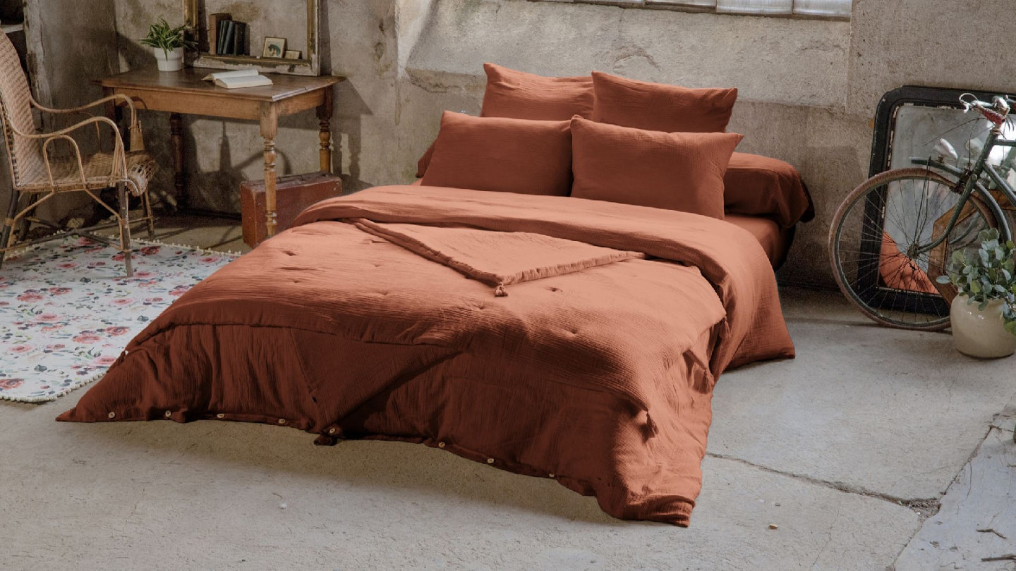 HOUSSE DE COUETTE 260x240CM 100% GAZE DE COTON -TERRACOTTA