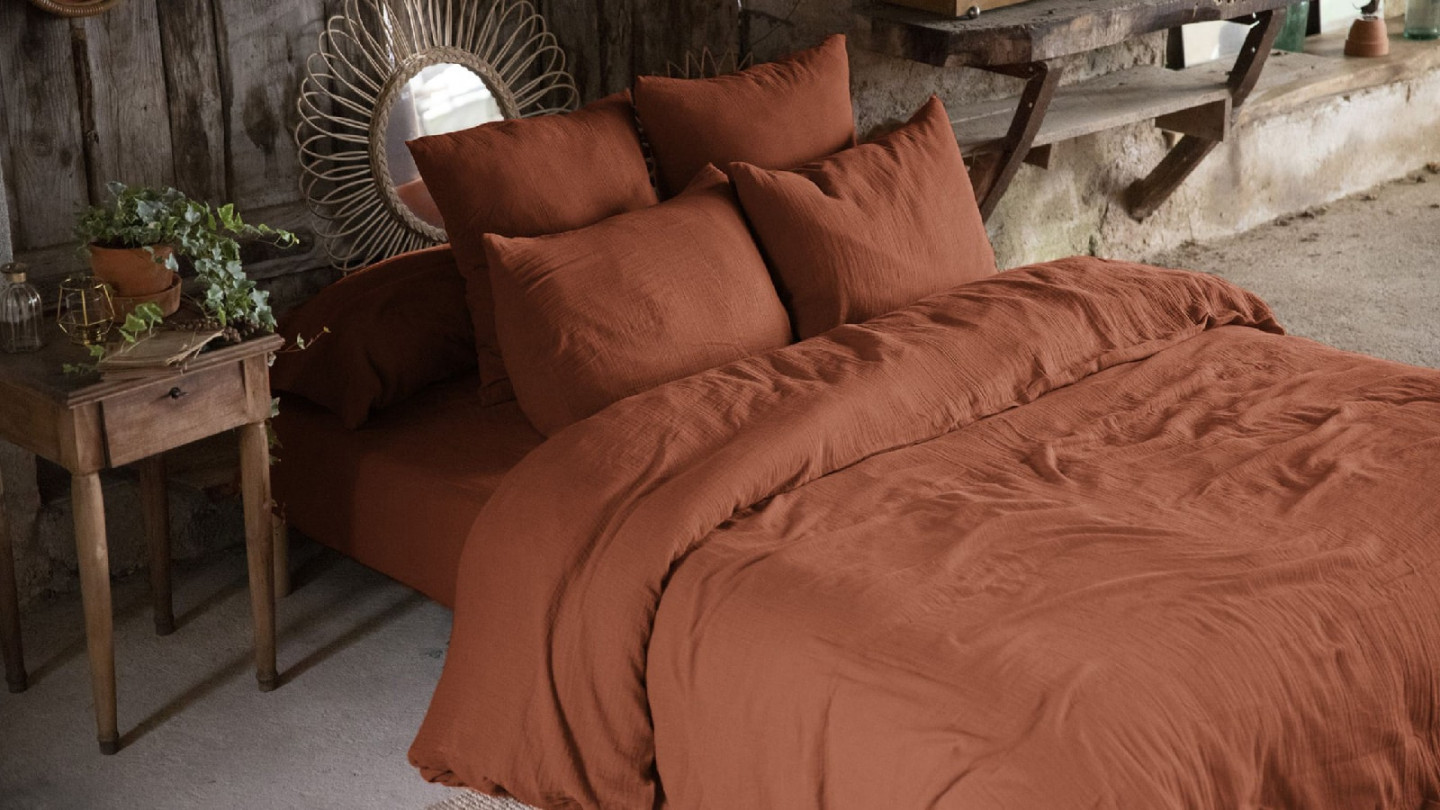 HOUSSE DE COUETTE 260x240CM 100% GAZE DE COTON -TERRACOTTA