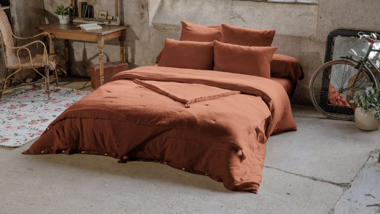 DRAP HOUSSE 180x200CM 100% GAZE DE COTON TERRACOTTA