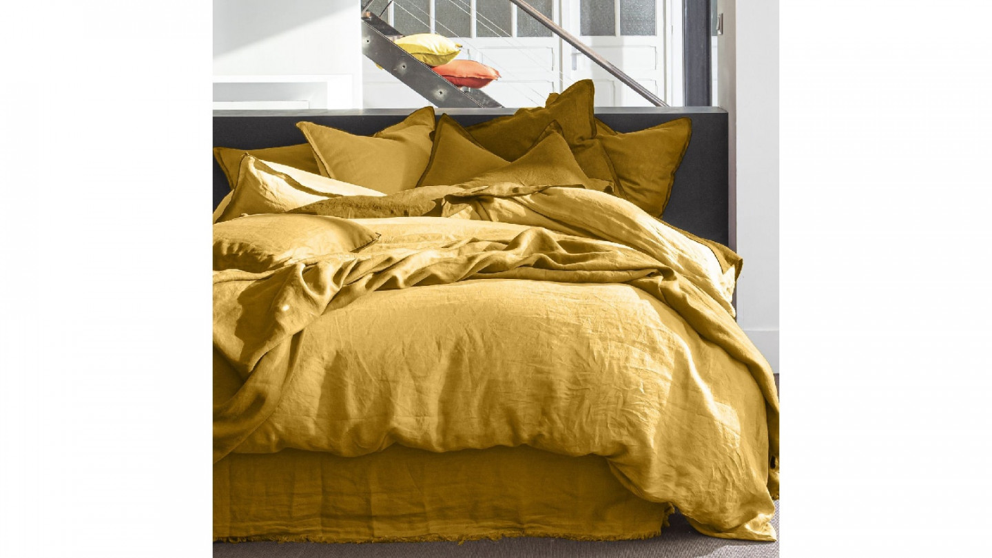 HOUSSE DE COUETTE 260X240CM 100% LIN LAVÉ JAUNE CURRY