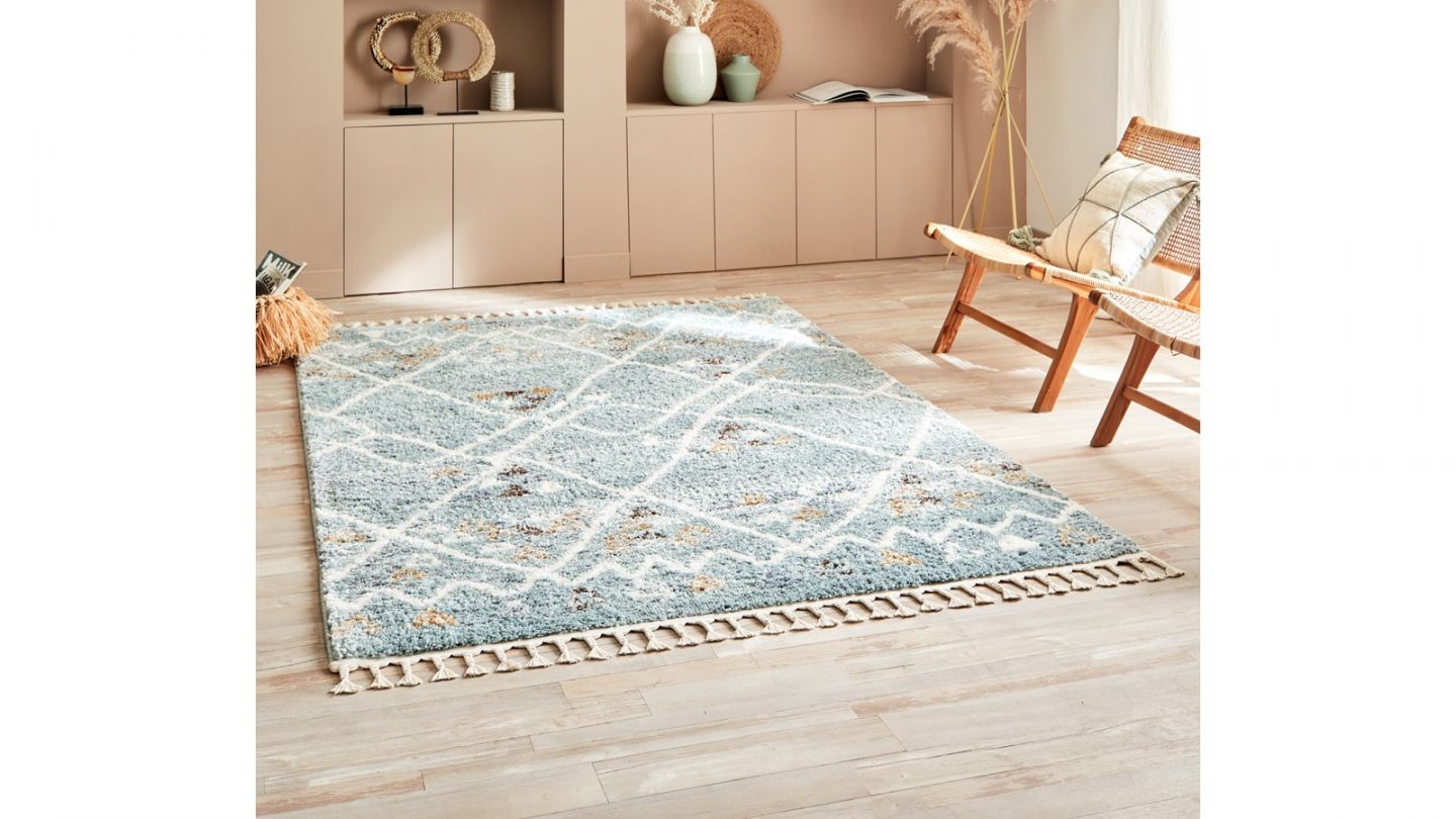 Tapis berbère bleu motif géométrique 80 x 150 cm - Fluffy