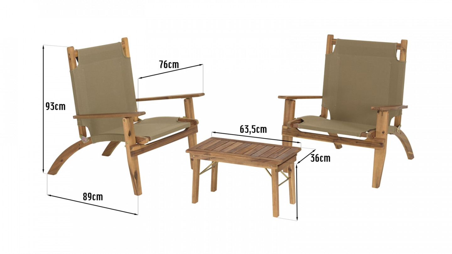 Salon de jardin 2 places avec 2 fauteuils et 1 table basse 63,5x36 cm en bois d'acacia - Vick