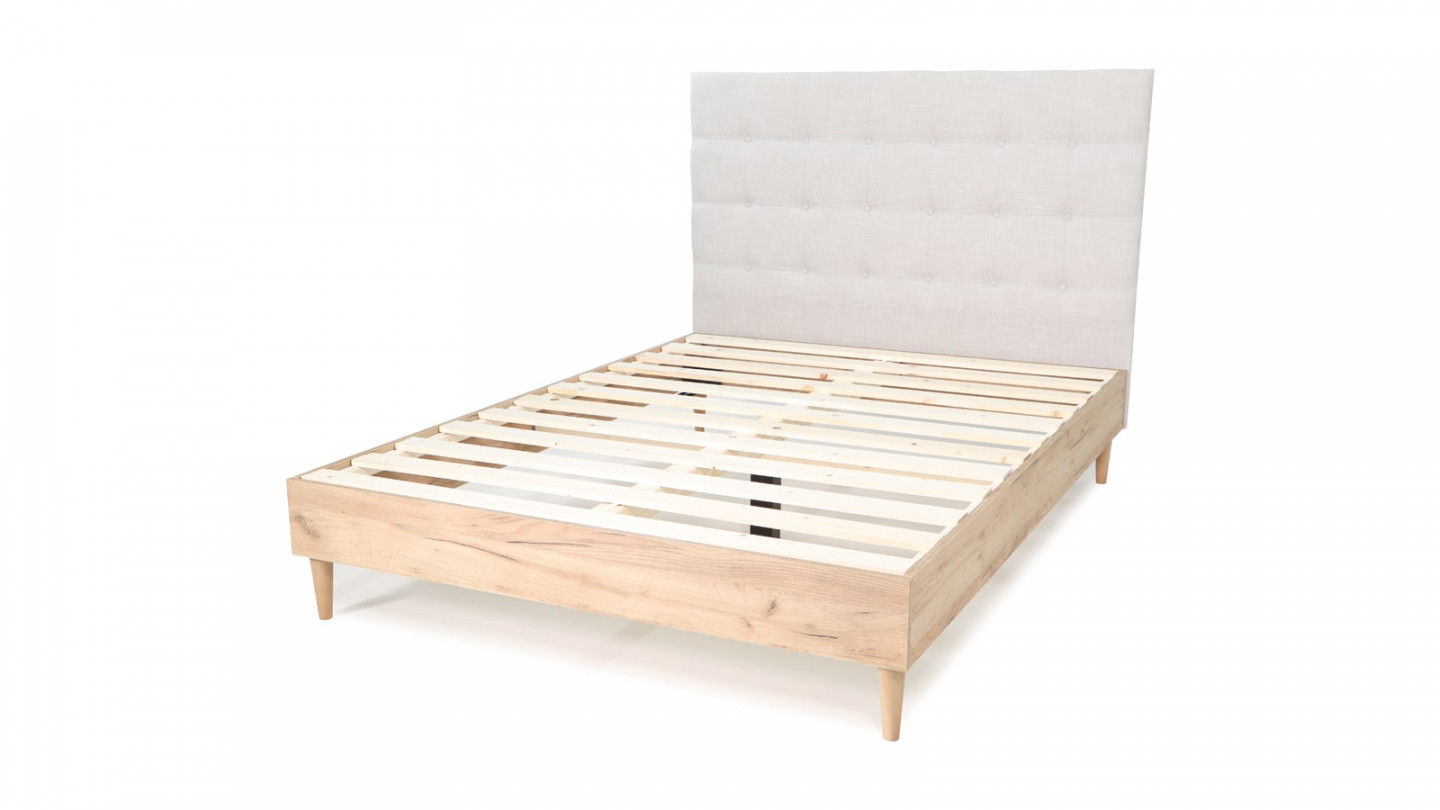 Lit adulte 160x200 cm en bois naturel avec sommier et tête de lit en tissu gris clair - Nico