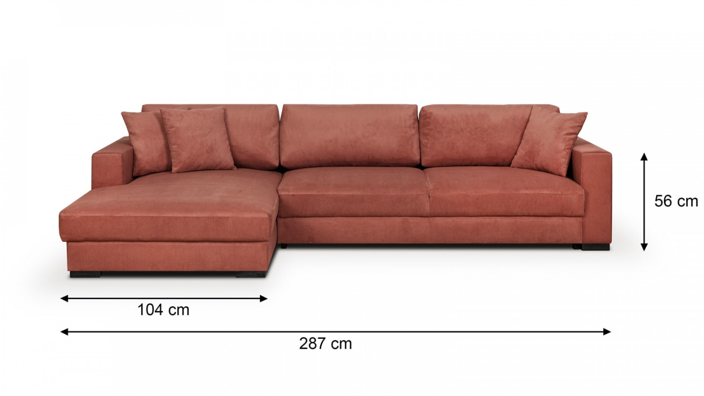 Canapé d'angle à gauche convertible 5 places en velours côtelé terracotta avec coffre de rangement - Robin