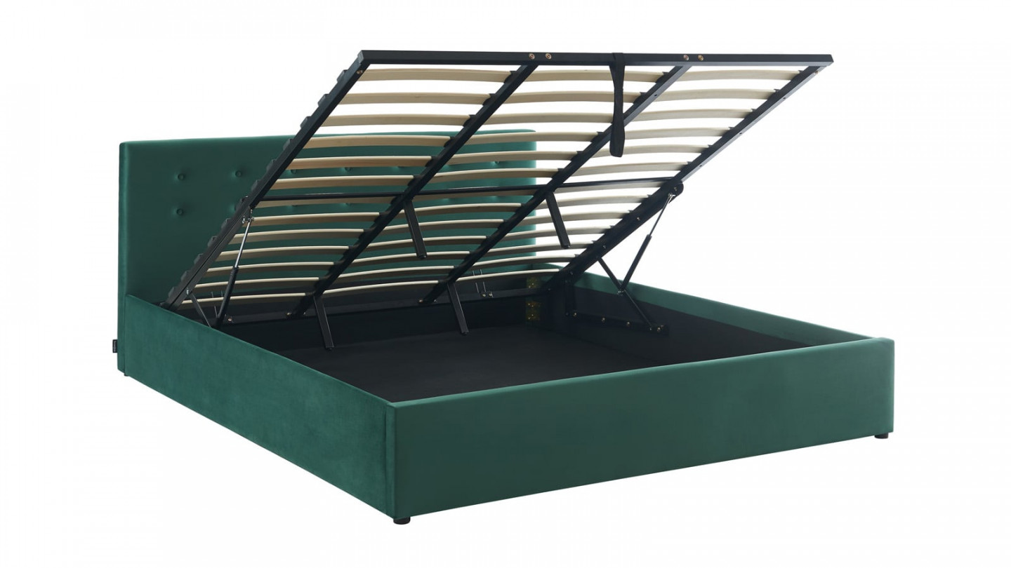  Lit coffre 180x200 en velours vert avec tête de lit et sommier à lattes - Tina